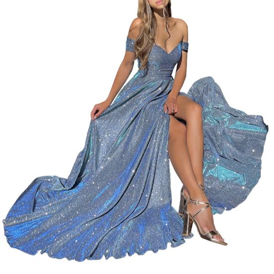 Damen-Abendkleid, tief ausgeschnitten, schulterfrei, glänzende Pailletten, eng anliegend, hohe Taille, geteilter Saum, A-Linie, großer Schwung, bodenlang, Satin, Abschlussball, Hochzeit, Party 3XL blau von Joom DACH