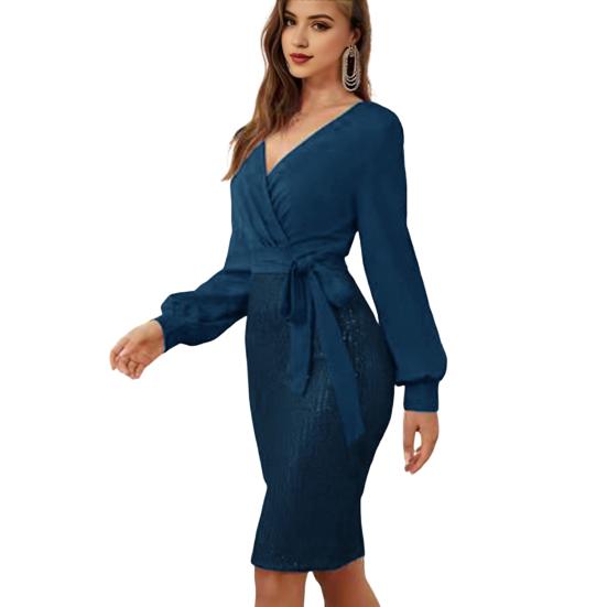 Damen Abendkleid V-Ausschnitt Slim Fit Etuikleid Lange Ärmel Pailletten Schnürung Taille S meer-blaue von Joom DACH