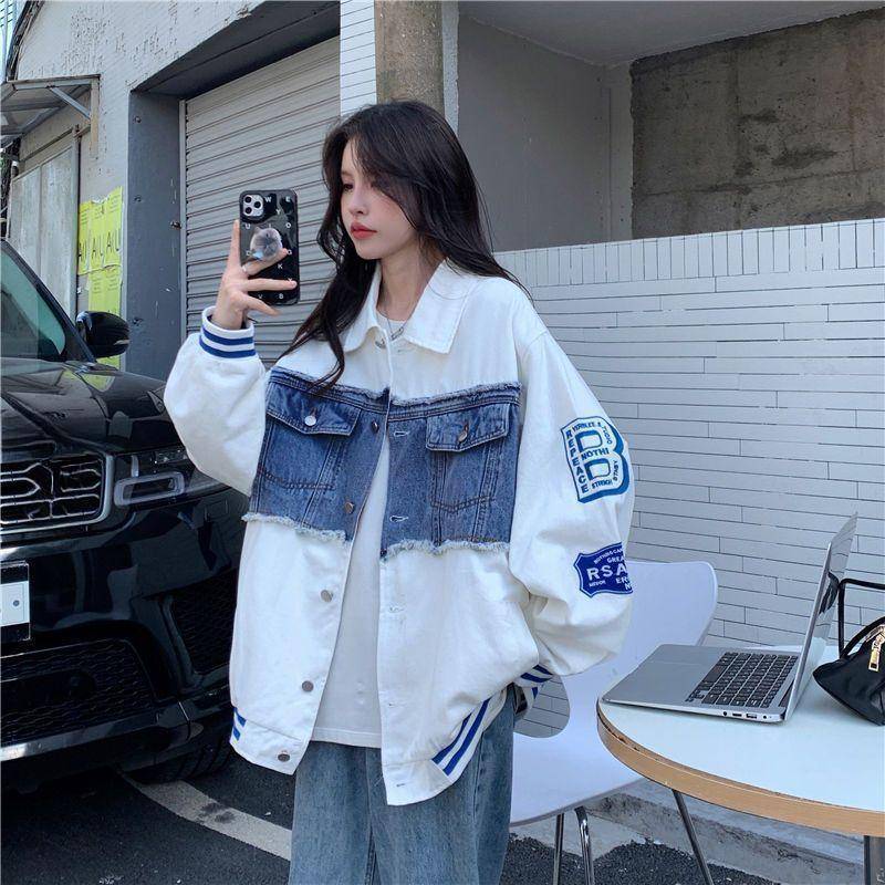 Damen Amerikanische Retro Frühling und Herbst Lose Koreanische Stil Nähte Stickerei Denim Baseball Uniform Jacke M weiß von Joom DACH