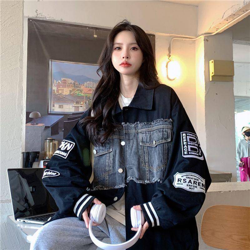 Damen Amerikanische Retro Frühling und Herbst Lose Koreanische Stil Nähte Stickerei Denim Baseball Uniform Jacke XXXL schwarz von Joom DACH