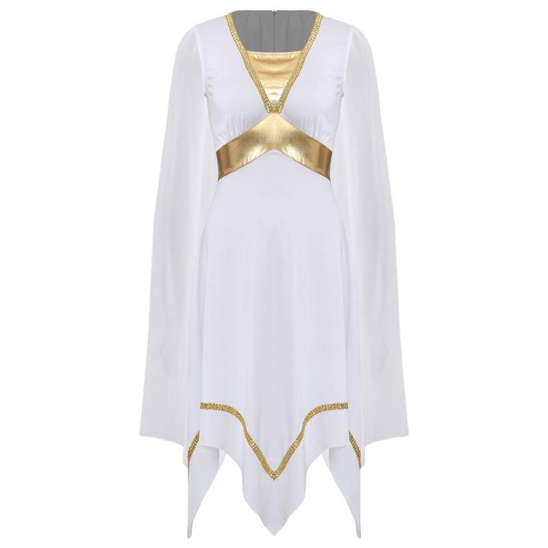 Damen Antike Griechische Römische Tunika Kleid Lang Umhangärmel Goldbesatz Asymmetrischer Saum Halloween Tanzkostüm S weiß von Joom DACH
