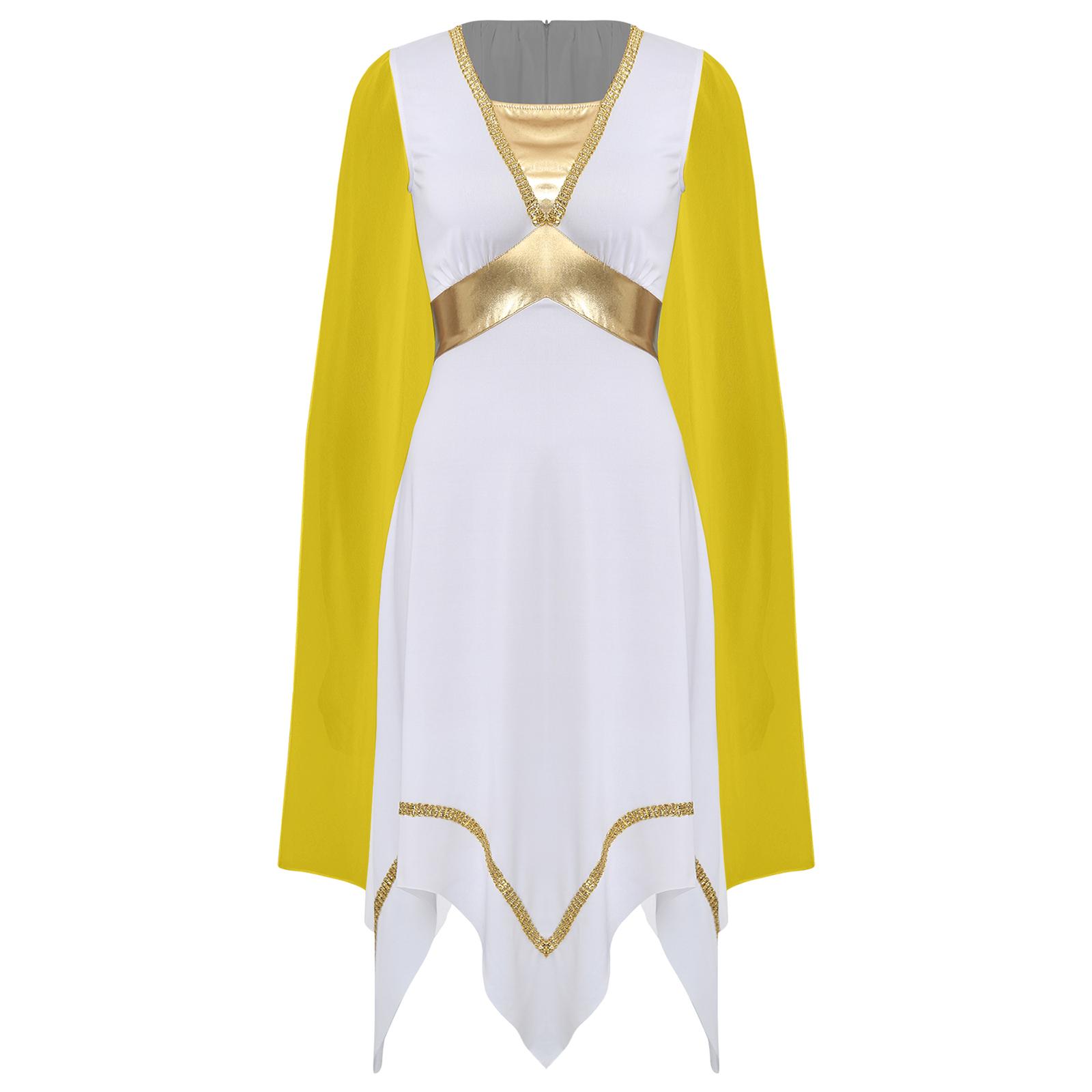 Damen Antike Griechische Römische Tunika Kleid Lang Umhangärmel Goldbesatz Asymmetrischer Saum Halloween Tanzkostüm S gelb von Joom DACH