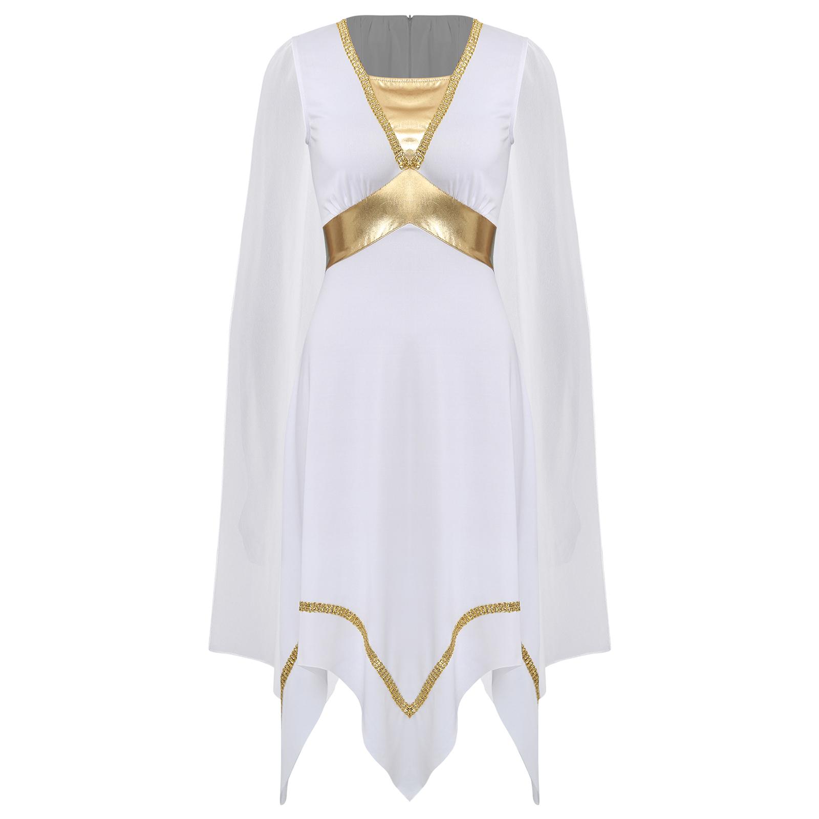 Damen Antike Griechische Römische Tunika Kleid Lang Umhangärmel Goldbesatz Asymmetrischer Saum Halloween Tanzkostüm S weiß von Joom DACH