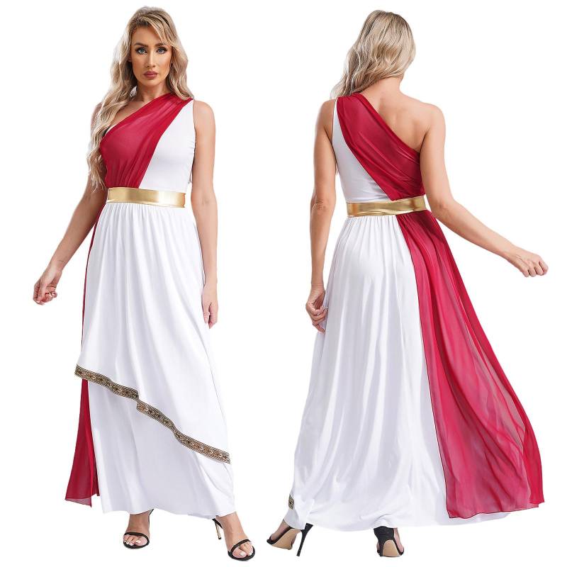 Damen Antikes griechisches Toga-Kostüm, einschultriges Chiffon-Overlay, Tunika-Kleid mit Vintage-Besatz L bordeaux von Joom DACH