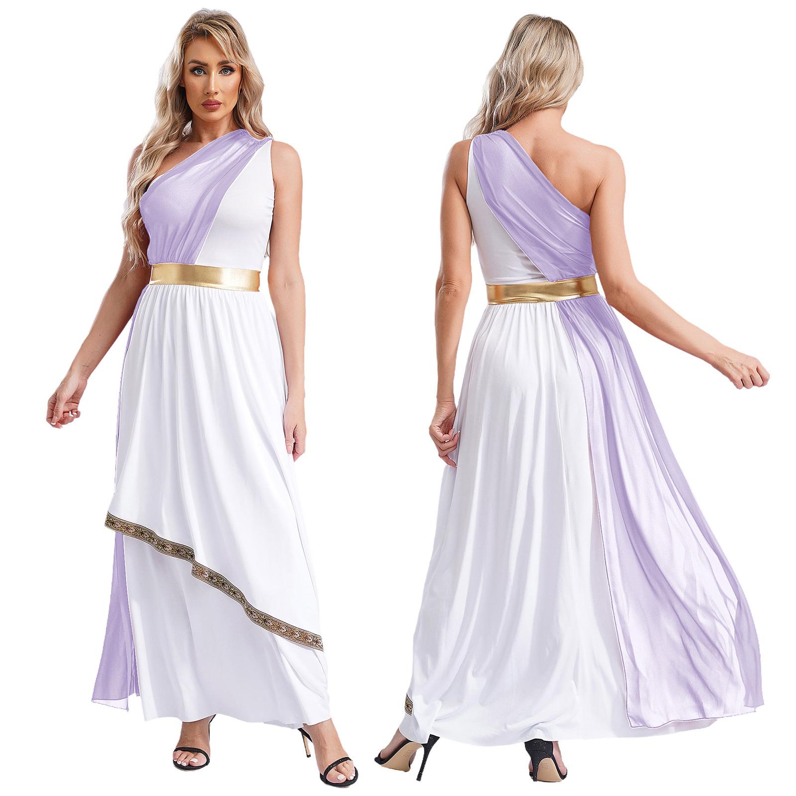 Damen Antikes griechisches Toga-Kostüm, einschultriges Chiffon-Overlay, Tunika-Kleid mit Vintage-Besatz M lavendel von Joom DACH