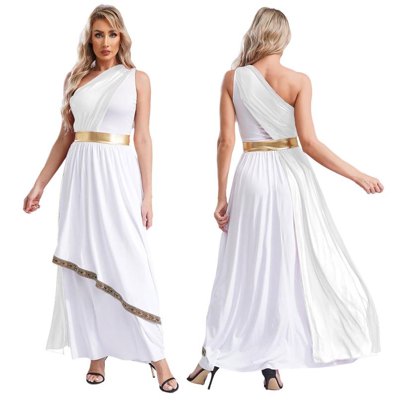 Damen Antikes griechisches Toga-Kostüm, einschultriges Chiffon-Overlay, Tunika-Kleid mit Vintage-Besatz M weiß von Joom DACH