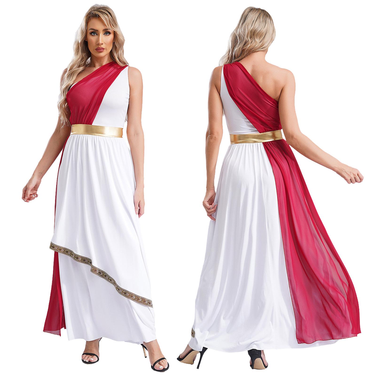 Damen Antikes griechisches Toga-Kostüm, einschultriges Chiffon-Overlay, Tunika-Kleid mit Vintage-Besatz S bordeaux von Joom DACH
