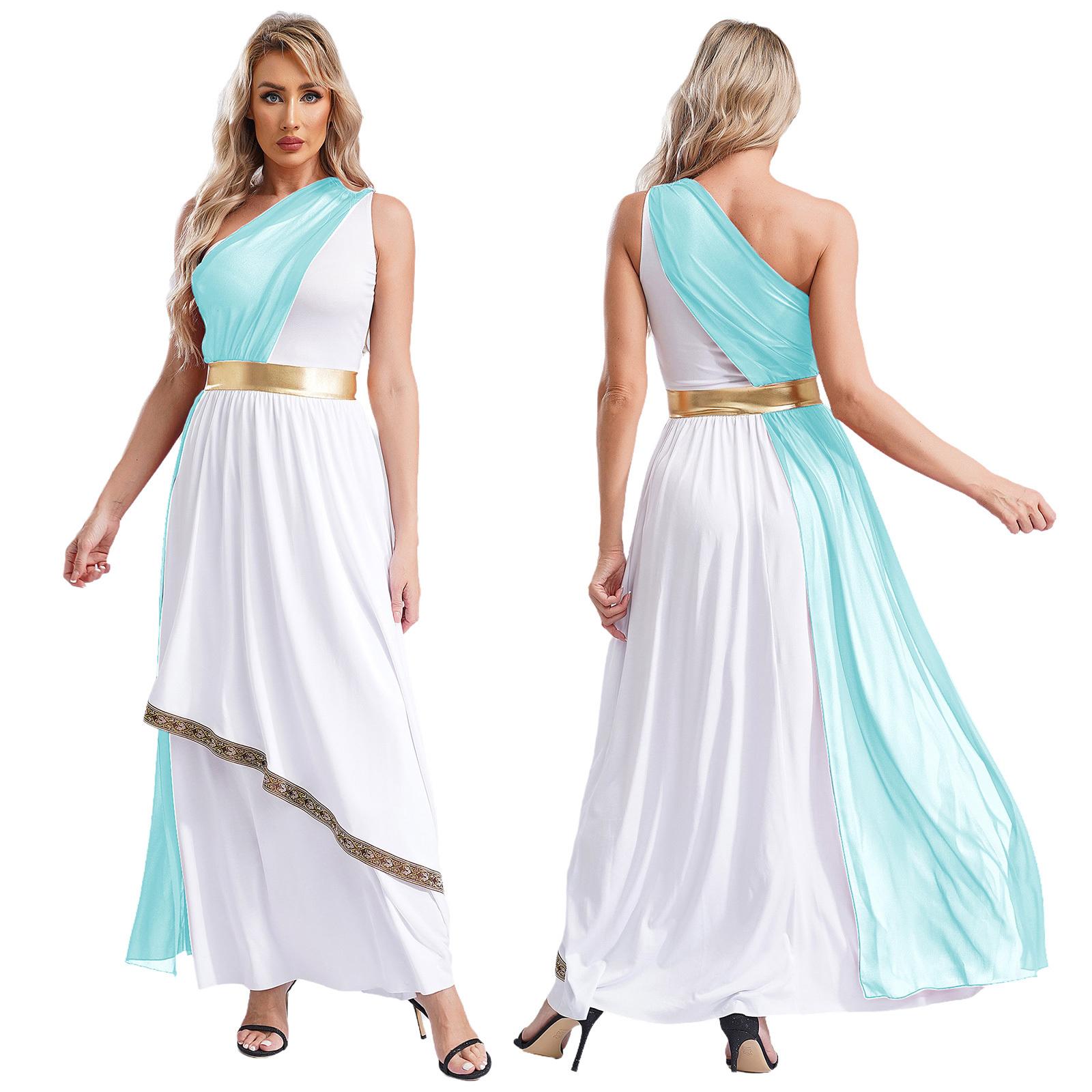 Damen Antikes griechisches Toga-Kostüm, einschultriges Chiffon-Overlay, Tunika-Kleid mit Vintage-Besatz S hellblaue von Joom DACH