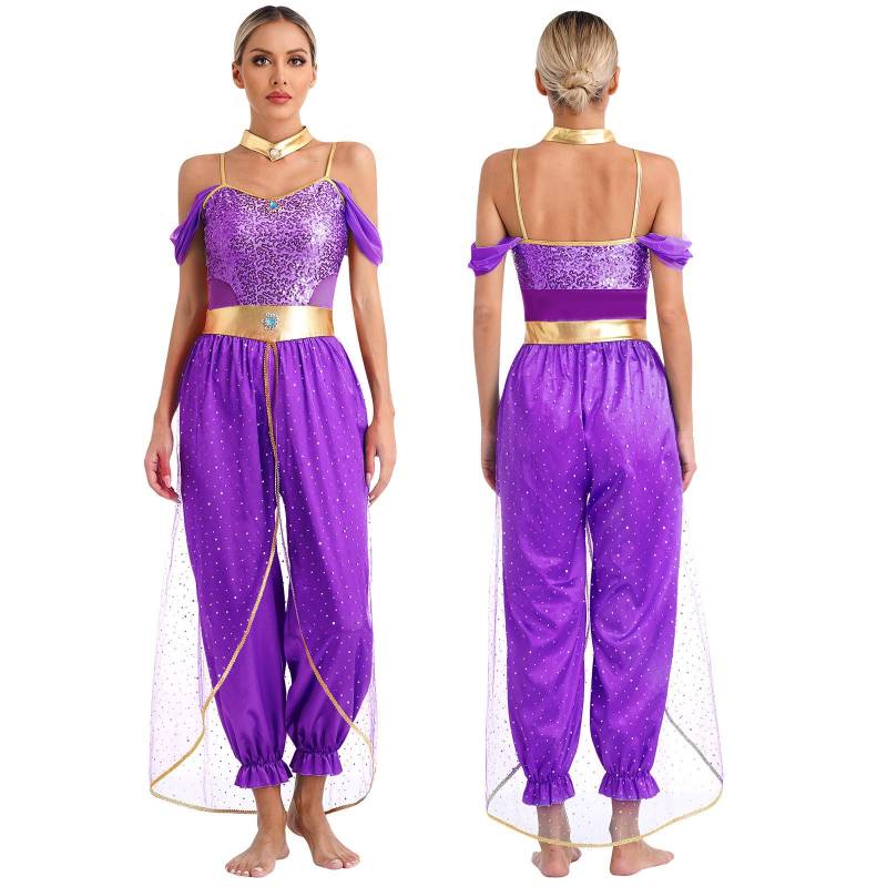 Damen Arabische Prinzessin Pailletten Bauchtanz Kostüm Bollywood Strampler Pumphose mit Halsband M violett von Joom DACH