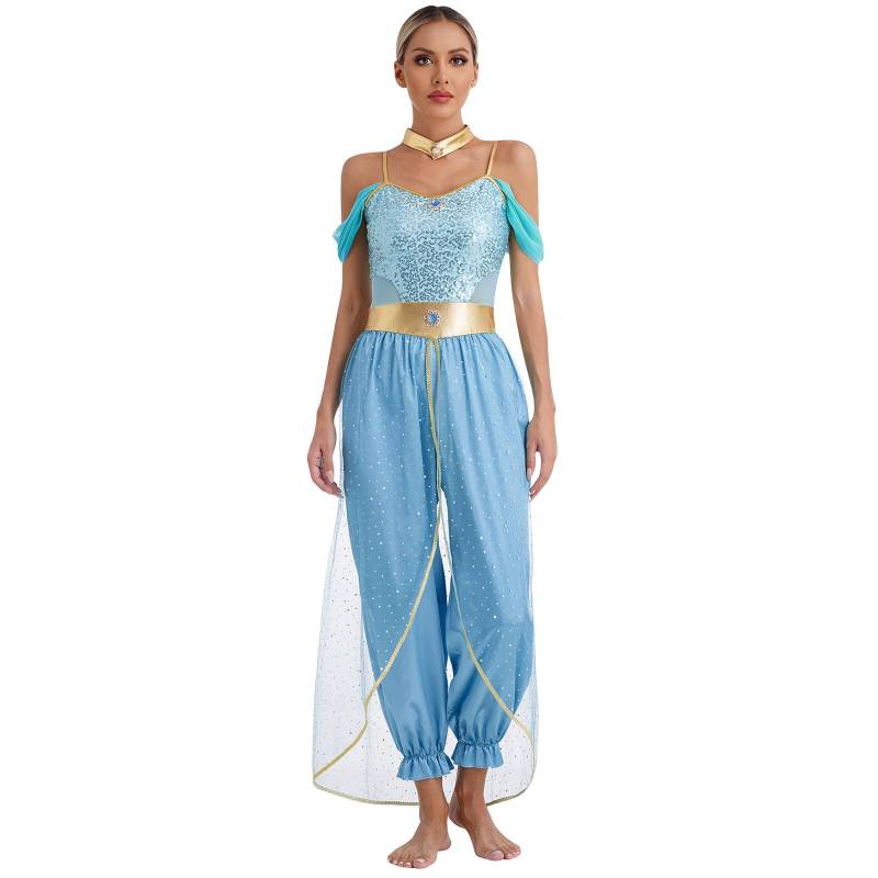 Damen Arabische Prinzessin Pailletten Bauchtanz Kostüm Bollywood Strampler Pumphose mit Halsband S blau von Joom DACH
