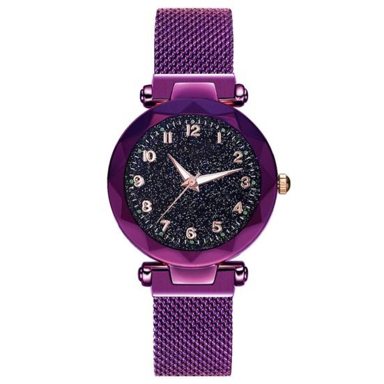 Damen-Armbanduhr mit Sternenmuster, rundem Zifferblatt, Edelstahl, Magnetverschluss, Quarz-Analoguhr violett von Joom DACH