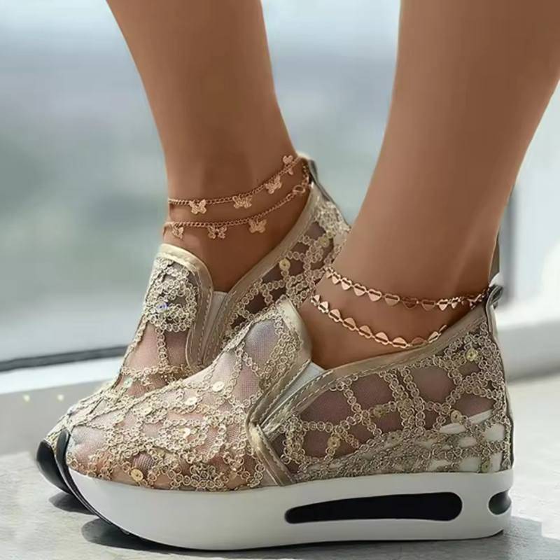 Damen Atmungsaktive Gestrickte Mesh-Sneaker Damen Tennisschuhe Spitz Flachsohlige Einzelne Schuhe Damen-Sneaker Sandalias Planas 37 gold von Joom DACH