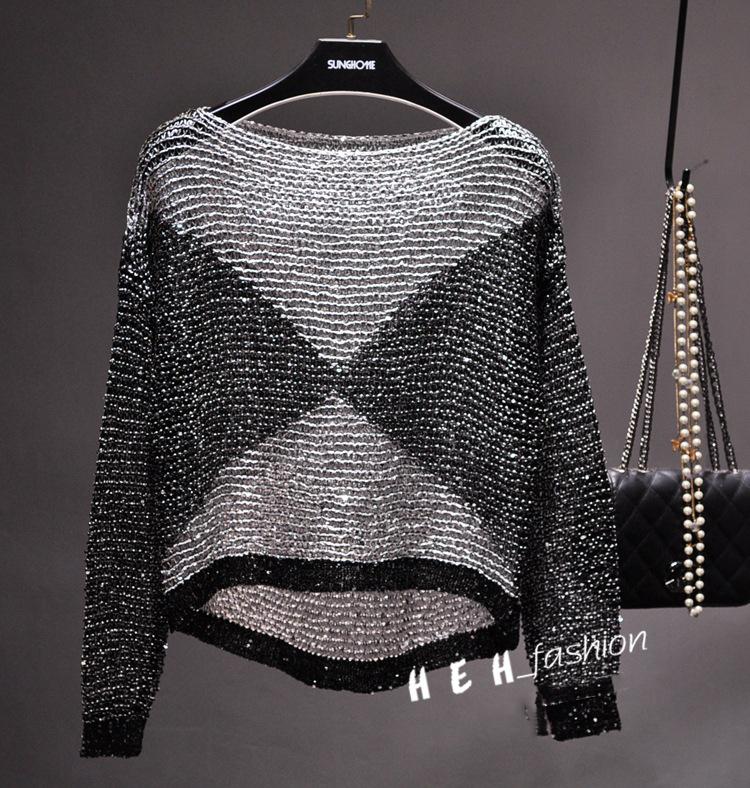 Damen Ausgehöhlte Pailletten Locker gestricktes Set aus leichtem Seidentop mit langen Ärmeln und rundem Kragen Dünnes Kleid One size silber von Joom DACH