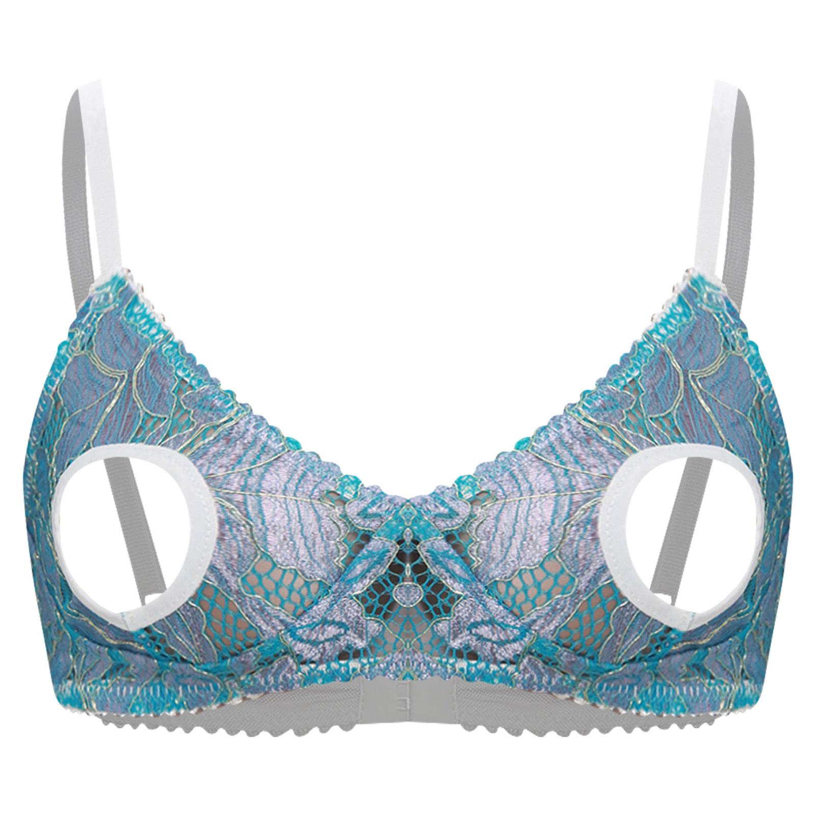 Damen Ausgeschnittene Nippel BH Tops Push Up Nackte Freiliegende Brust Bügel BH Offene Nippel Top Rollenspiel Rave Club Wear 3XL blau von Joom DACH