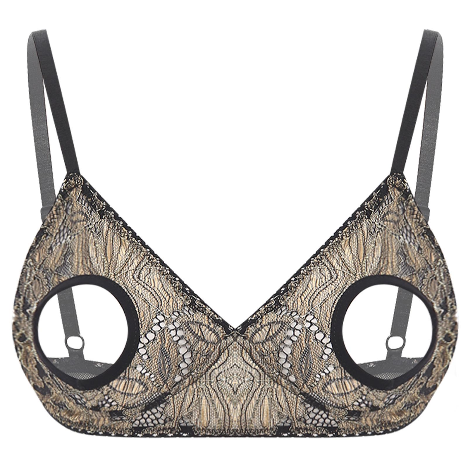 Damen Ausgeschnittene Nippel BH Tops Push Up Nackte Freiliegende Brust Bügel BH Offene Nippel Top Rollenspiel Rave Club Wear 5XL gold von Joom DACH