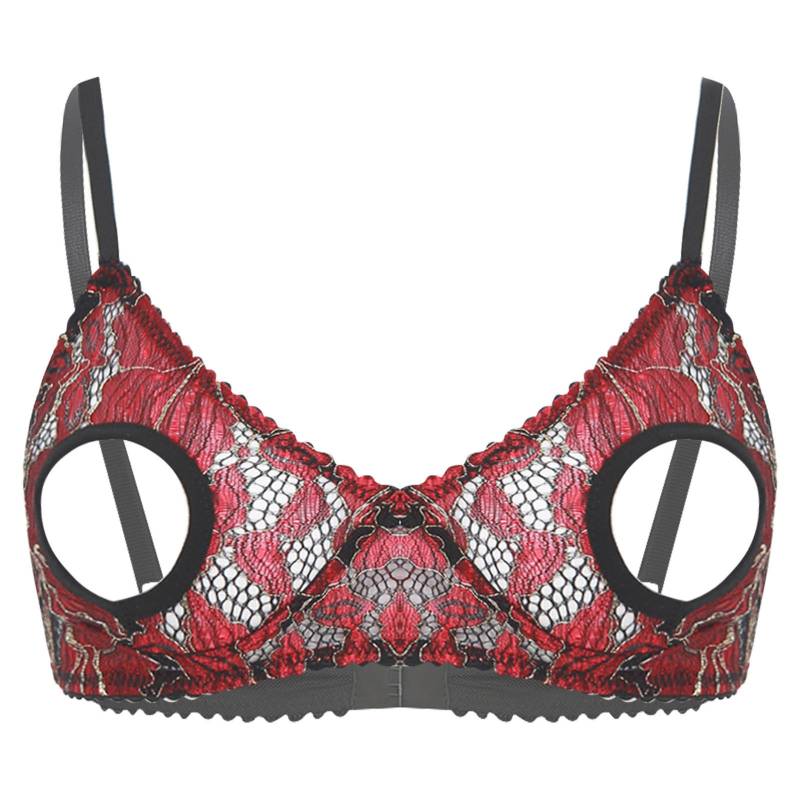 Damen Ausgeschnittene Nippel BH Tops Push Up Nackte Freiliegende Brust Bügel BH Offene Nippel Top Rollenspiel Rave Club Wear XXL rot/schwarz von Joom DACH