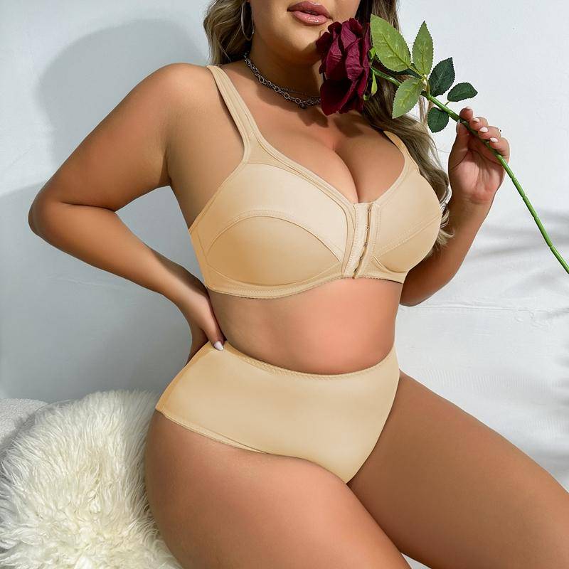 Damen-BH-Set, einfarbig, Übergröße, Vorderverschluss, kabellos, verstellbarer Rücken, ausgehöhlter BH und Höschen für Sport und Freizeit 4XL beige von Joom DACH