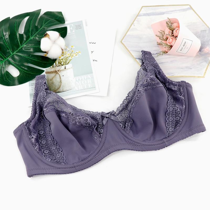 Damen-BH in Übergröße, Blumenspitze, dünn, atmungsaktiv, einlagig, vollständig bedeckender BH mit Stahlstütze, Unterwäsche, French Romance, Alltagskleidung, E-Cup 100E violett von Joom DACH