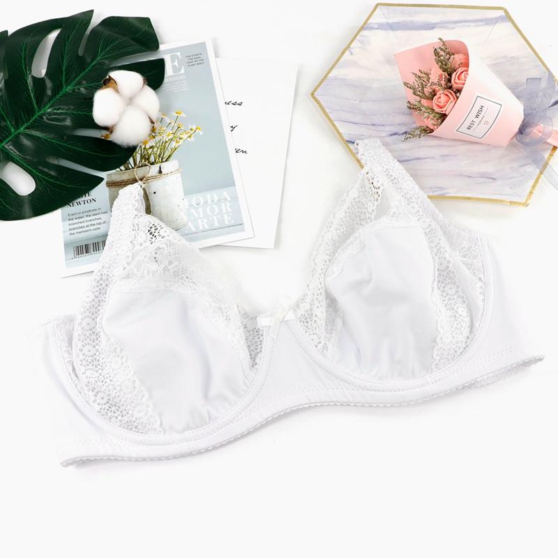 Damen-BH in Übergröße, Blumenspitze, dünn, atmungsaktiv, einlagig, vollständig bedeckender BH mit Stahlstütze, Unterwäsche, French Romance, Alltagskleidung, E-Cup 90E weiß von Joom DACH