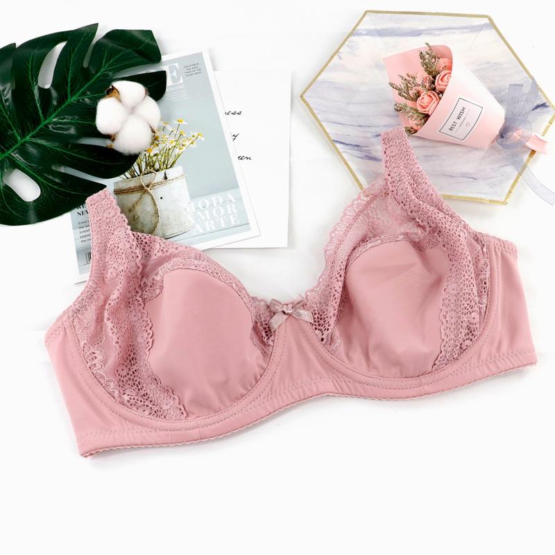 Damen-BH in Übergröße, Blumenspitze, dünn, atmungsaktiv, einlagig, vollständig bedeckender BH mit Stahlstütze, Unterwäsche, French Romance, Alltagskleidung, E-Cup 90E rosa von Joom DACH