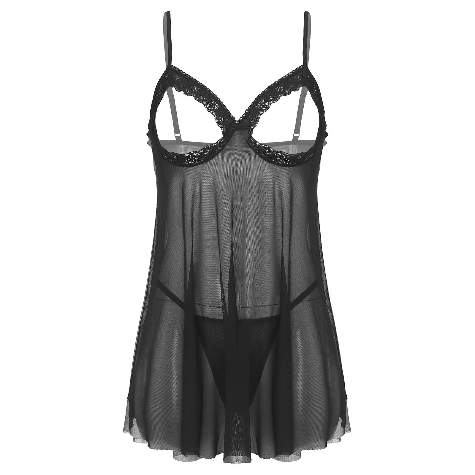 Damen-Babydoll in Übergröße, transparentes Netzstoff, Spitzenbesatz, offene Körbchen, Nachtwäsche mit G-String 5XL von Joom DACH