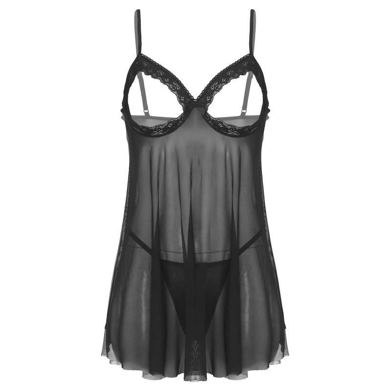 Damen-Babydoll in Übergröße, transparentes Netzstoff, Spitzenbesatz, offene Körbchen, Nachtwäsche mit G-String 5XL von Joom DACH