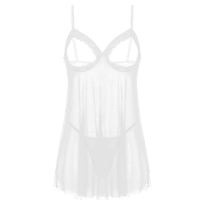Damen-Babydoll in Übergröße, transparentes Netzstoff, Spitzenbesatz, offene Körbchen, Nachtwäsche mit G-String L weiß Damen-Babydoll in Übergröße, transparentes Netzstoff, Spitzenbesatz, offene Körbchen, Nachtwäsche mit G-String L weiß von Joom DACH