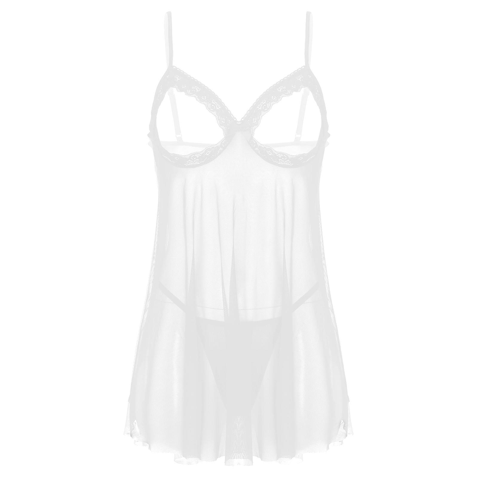 Damen-Babydoll in Übergröße, transparentes Netzstoff, Spitzenbesatz, offene Körbchen, Nachtwäsche mit G-String M von Joom DACH