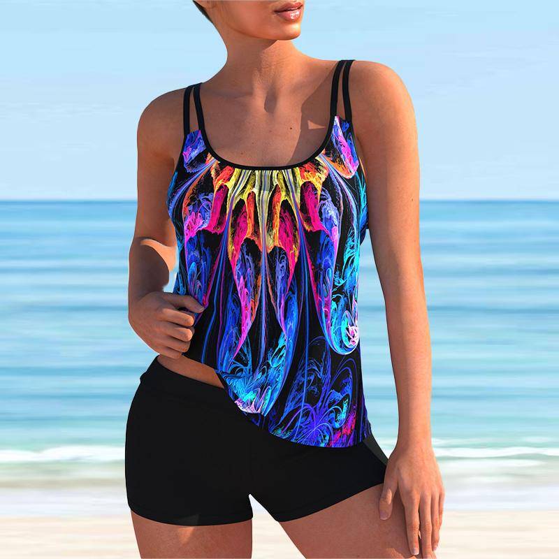 Damen-Badeanzug mit Schultergurt, mehrfarbiger Graffiti-Druck, Bikini-Tankini-Badeanzug 3XL navy blau von Joom DACH