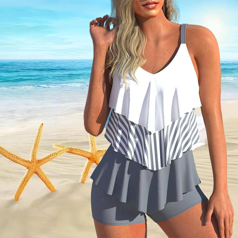 Damen-Badeanzug mit Schultergurten, dreifarbig und dreilagig, bedruckter Bikini-Shorts, Tanktop M weiß von Joom DACH