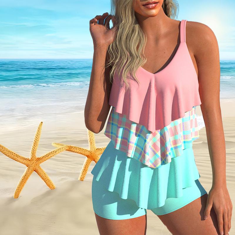 Damen-Badeanzug mit Schultergurten, dreifarbig und dreilagig, bedruckter Bikini-Shorts, Tanktop XL von Joom DACH