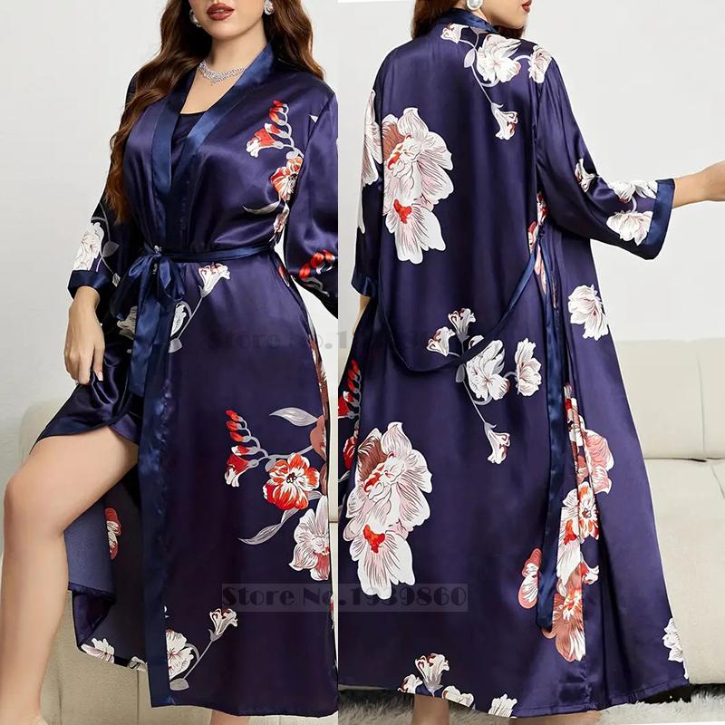 Damen-Bademantel-Set, bedruckt, Blumenmuster, Kimono, Bademantel, Frühling und Sommer, Satin-Pyjama, Nachthemd, lockere Hauskleidung 3XL von Joom DACH