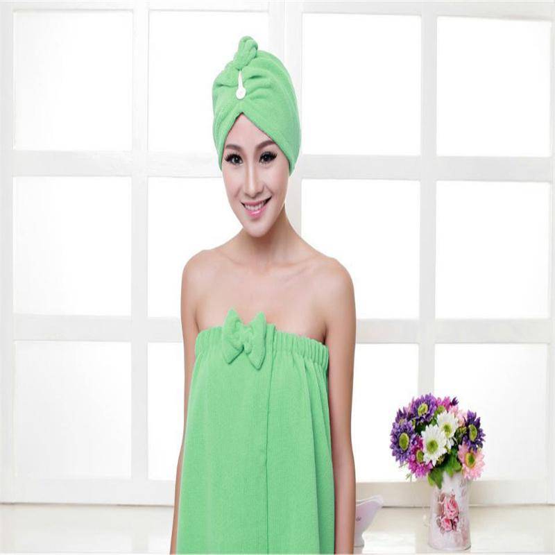 Damen-Bademantel-Set mit niedlicher Schleife, schnell trocknend, Spa-Wraps und Duschhaube 140*73CM grün von Joom DACH