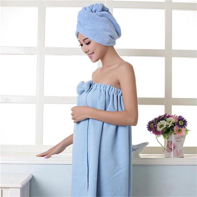 Damen-Bademantel-Set mit niedlicher Schleife, schnell trocknend, Spa-Wraps und Duschhaube blau von Joom DACH