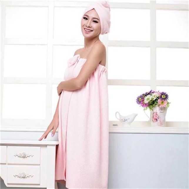 Damen-Bademantel-Set mit niedlicher Schleife, schnell trocknend, Spa-Wraps und Duschhaube rosa von Joom DACH