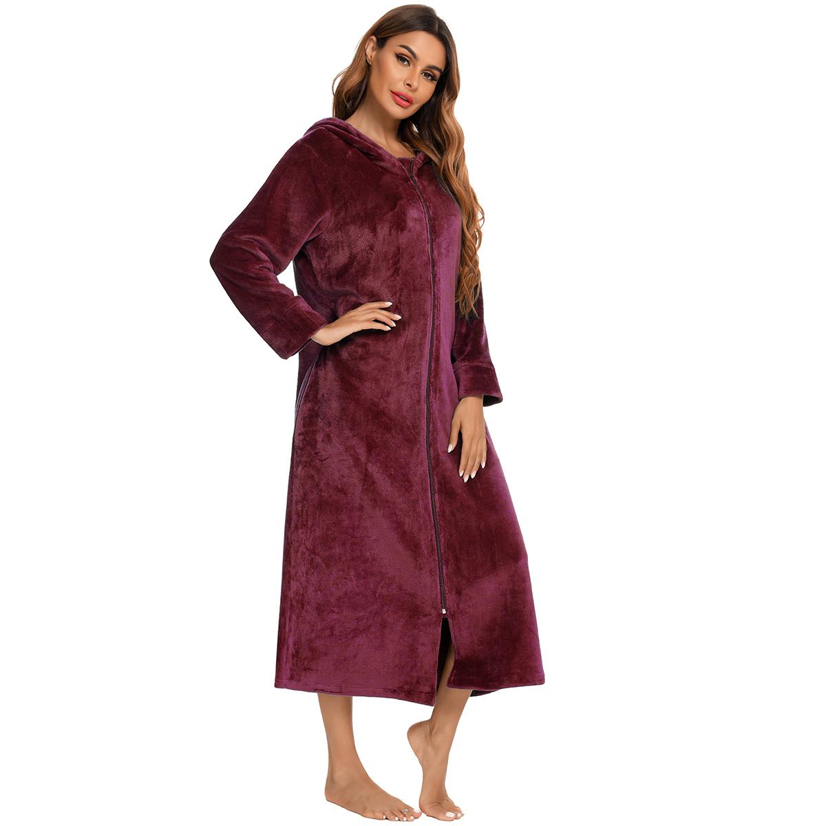 Damen-Bademantel aus Plüsch-Fleece mit Reißverschluss und Kapuze, warmer langer Bademantel, Morgenmantel, gemütlicher Winter-Reißverschluss, Liege-Nachtwäsche, Hausmantel, Loungewear-Nachthemd M bordeaux von Joom DACH