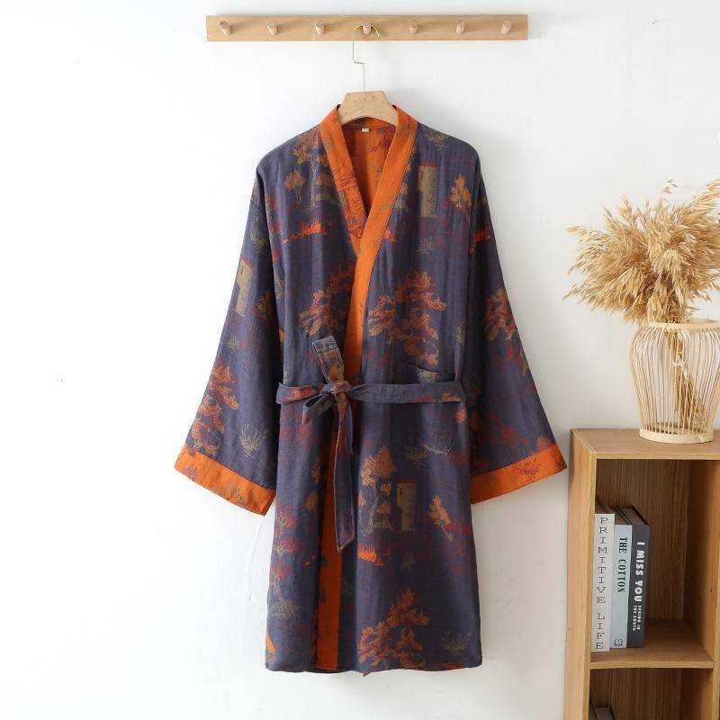 Damen-Bademantel im chinesischen Stil aus Baumwolle, langärmelig, Herbst-Kimono mit Taschen, Schnürung, übergroßer Morgenmantel für Damen XL navy blau von Joom DACH