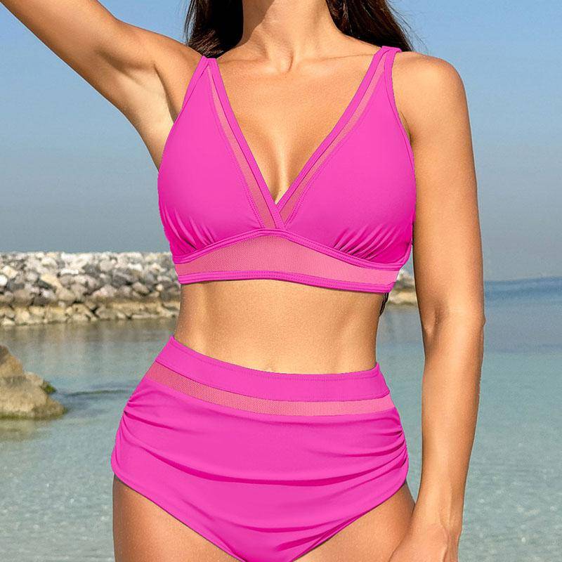 Damen-Bademode, 2-teilig, gepolsterter Bikini mit hoher Taille, Push-Up-Bikini-Sets, zweiteiliger Badeanzug mit V-Ausschnitt 2XL pfirsich von Joom DACH