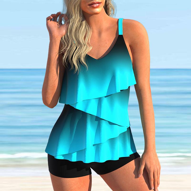Damen Bademode Tankini 2-teiliger Badeanzug Blau Lotusblatt Farbverlauf Druck Urlaubsbadeanzug 3XL blau von Joom DACH