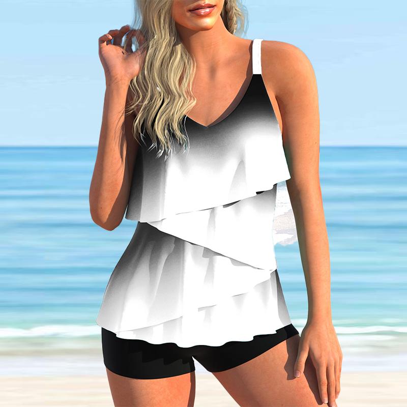 Damen Bademode Tankini 2-teiliger Badeanzug Blau Lotusblatt Farbverlauf Druck Urlaubsbadeanzug 6XL weiß von Joom DACH