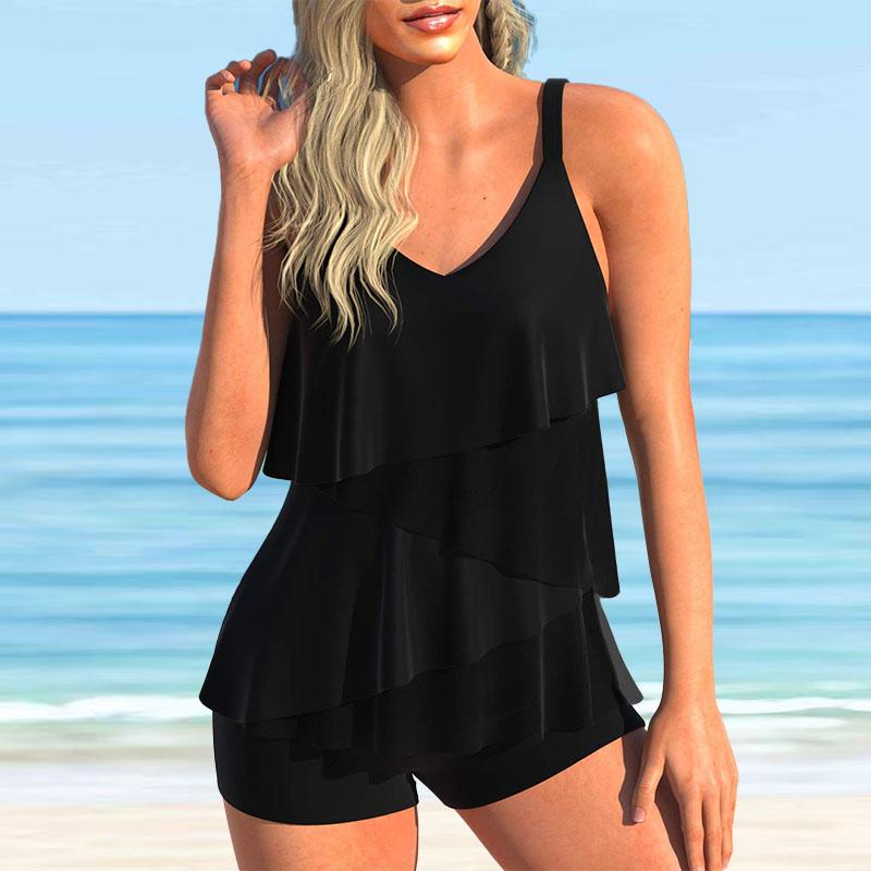 Damen Bademode Tankini 2-teiliger Badeanzug Blau Lotusblatt Farbverlauf Druck Urlaubsbadeanzug XL schwarz von Joom DACH