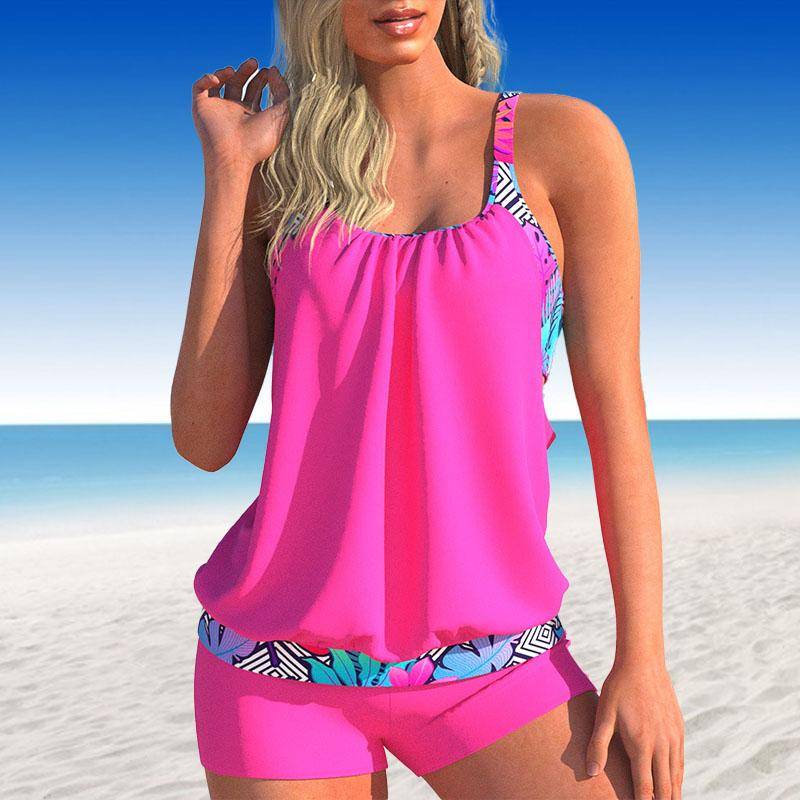 Damen Bademode Tankini 2-teiliger Badeanzug Dunkelblau Granular Stripes Print Urlaubsbadeanzug XL hellrosa von Joom DACH