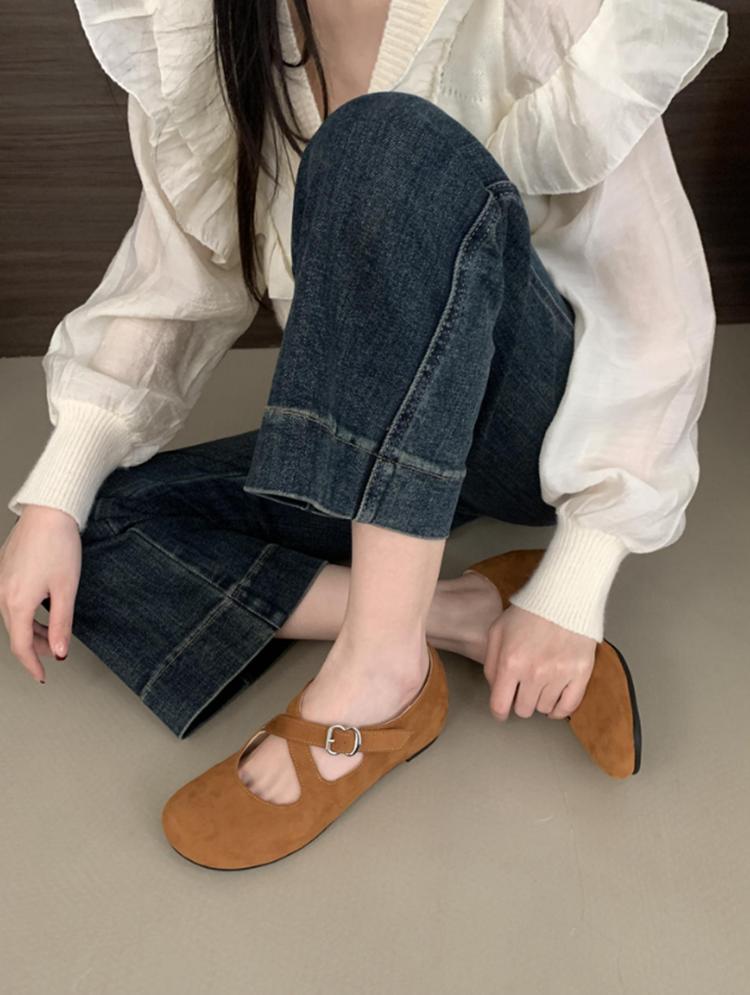 Damen Ballerinas Slipper Schuhe Frau Kleid Flachriemen Mode Temperament Retro Wildleder Damenschuhe Wildleder Mokassins Schuhe 39 von Joom DACH