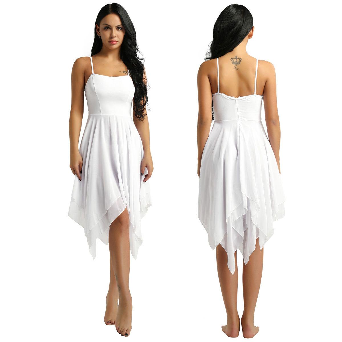 Damen Ballett-Tanzkleid, Chiffon-Tanzkleid, Erwachsene, Spaghettiträgerkleid, Ballsaalkleid L weiß von Joom DACH