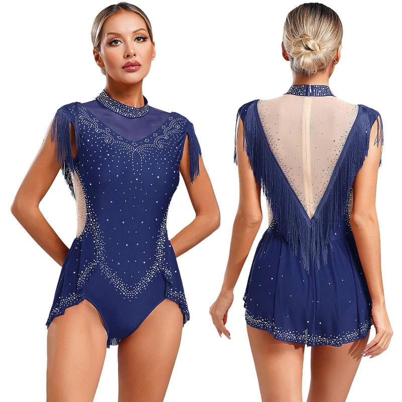 Damen Ballettkleid mit Strasssteinen, Eiskunstlauf-Trikot, ärmellos, transparentes Netzgewebe, Patchwork, Body mit Quastenrock XL navy blau von Joom DACH