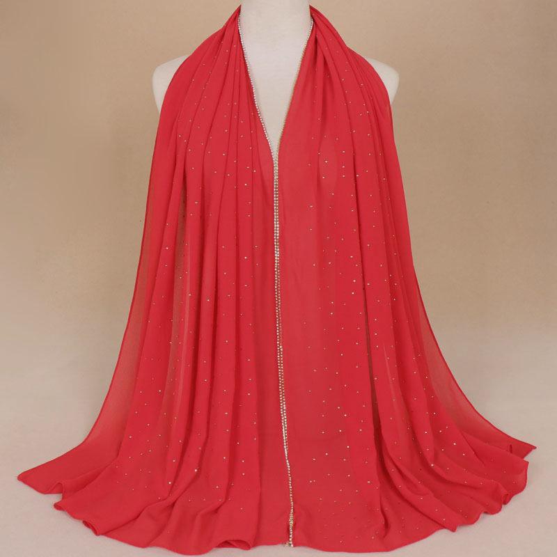 Damen-Baotou-Schal, heißer Strass-Hijab, Perlen-Chiffon, muslimischer Turban leuchtend rote von Joom DACH