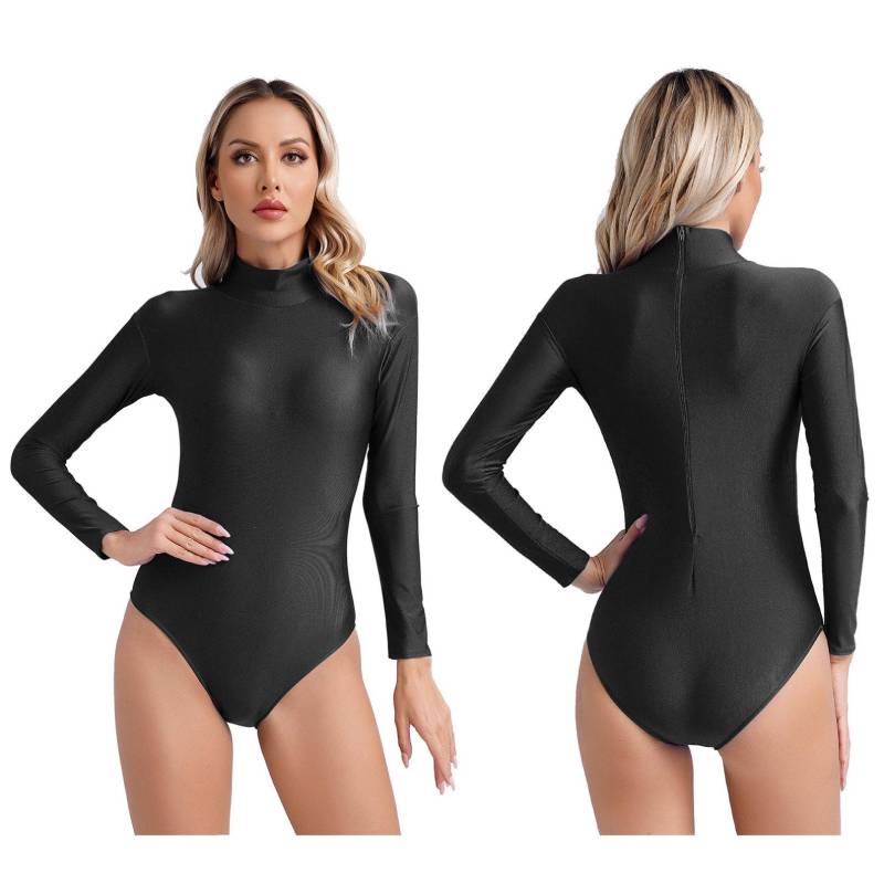 Damen-Basic-Gymnastiktrikot mit Rollkragen und langen Ärmeln, Body-Oberteile für Übungs-Overall XXL schwarz von Joom DACH