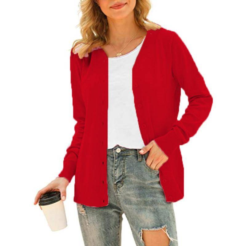Damen Basic Langarm-Cardigan mit Knöpfen vorne, Strickmantel, Oberteile, Oberbekleidung M rot von Joom DACH