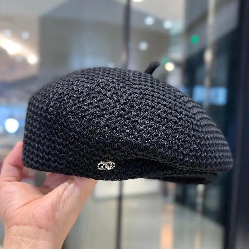 Damen Baskenmütze aus festem, plissiertem Papierstroh, Sommermütze aus Milchseide, gestrickt, atmungsaktiv, große Künstlermode, Newsboy-Hut 56-56cm schwarz von Joom DACH