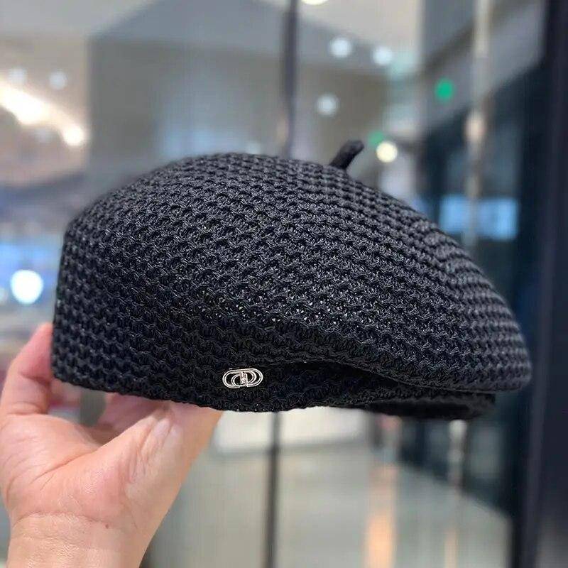 Damen Baskenmütze aus festem, plissiertem Papierstroh, Sommermütze aus Milchseide, gestrickt, atmungsaktiv, große Künstlermode, Newsboy-Hut 56-56cm schwarz von Joom DACH